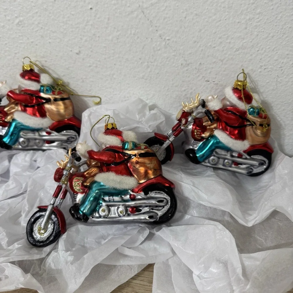 Peschka Rider Biker Santa Claus Glass Christmas Ornament Set‎ Of 4 Vintage